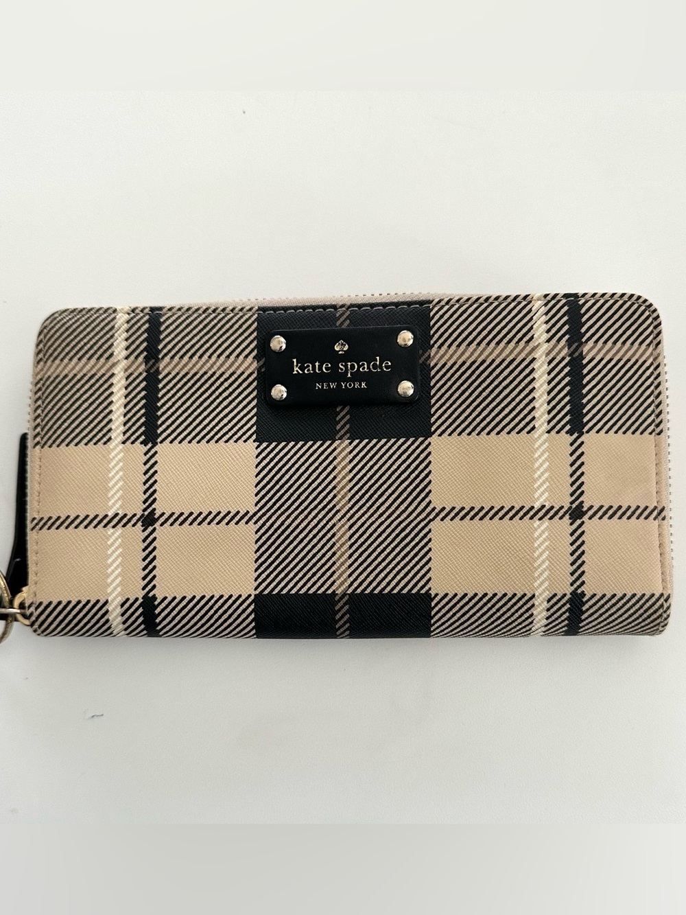 Kate Spade Plaid Zip Around Wallet Beige Black Check Print